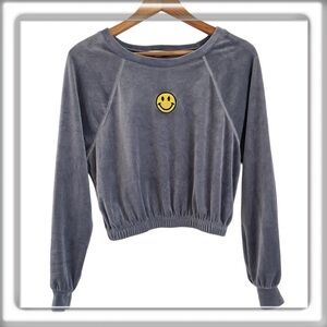 Altar’d State Smiley Face Long Sleeve Crop Top Sweater Gray Soft Size Small